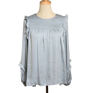 Dolan Anthropologie Gray Blue Ruffled Long Sleeve Bib Collar Blouse